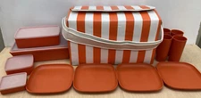 Vintage 1970s Tupperware Picnic Set with Orange and White Stripe Cooler
