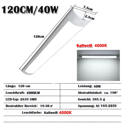 2TIg 40W 120cm LED Röhren 4000K Feuchtraumleuchte Werkstatt Deckenleuchte Lamp - Bild 4 von 15