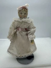 Antique Bisque Head Doll Cloth Body Pink Bow 9 Inch 