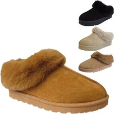 NEW Womens Slip On Cosy Winter Fluffy Fur lined Ladies Faux Suede Mules Slippers