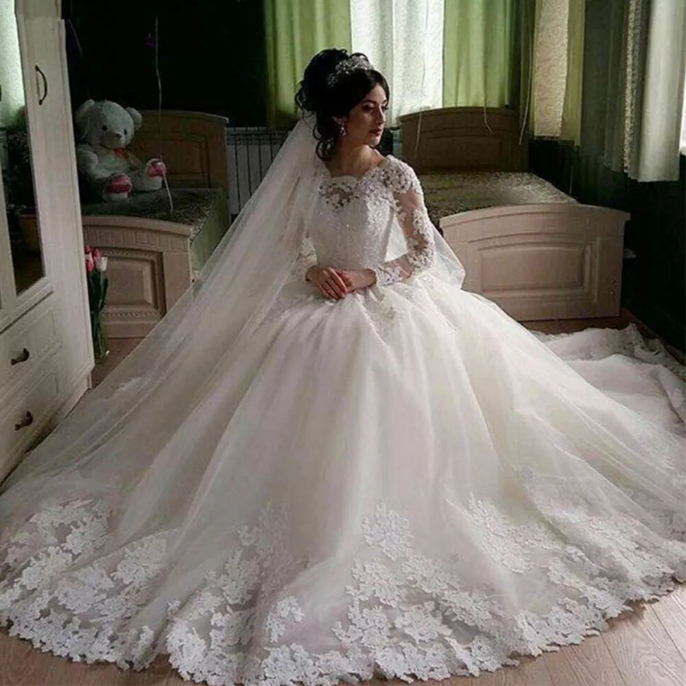 White Off the Shoulder Ball Gown Celebrity wedding Dress with Long Sleeves