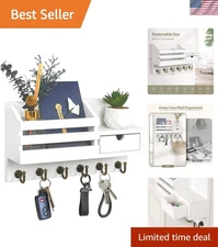 Key and Mail Holder for Wall, Mail Organizer Wall Mount with 6 Hooks and Stor...