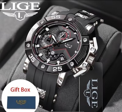 LIGE Herren Sportuhr Digital Analog Kombi schwarz silber 50m wasserdicht Neu