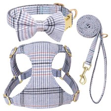 Cute Small Dog Harness Collar and Leash Set with Bowtie, Soft Adjustable Plai...