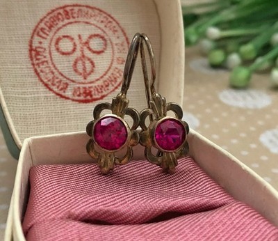 Original Estate Vintage Soviet Earrings Sterling Silver 875 Ruby Stud Ear USSR