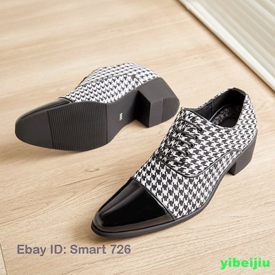 Mens Houndstooth Shiny Leather Swallow Gird Patchwork Dress Shoes Cuban Heel Man