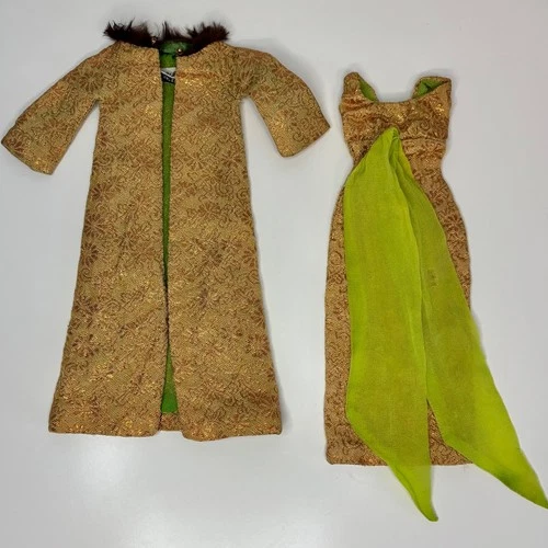 Vintage Barbie Golden Glory #1645 Gold Brocade Dress & Fur‑Collared Coat TLC