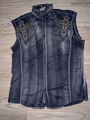Roar Signature Embroidered Sleeveless Button Down Shirt Men s (XL) Y2K Rock