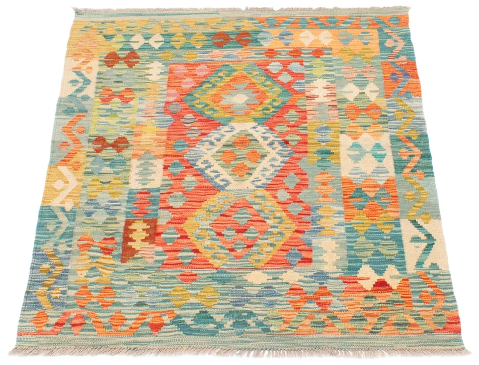 Alfombra Kilim geométrica vintage 3'8" x 5'1" alfombra tradicional de lana tejida a mano Foto 3 de 4