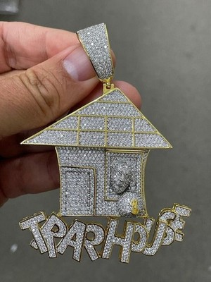 4.20Ct Lab Created Diamond Round Trap House Pendant Yellow Gold Plated Silver