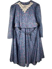 Vintage Multicolor Damask Print Crochet Trim Belted Midi Dress Long Sleeve