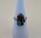 Vintage Native American 925 Sterling Silver Turquoise & Coral Ring / Size 6.75