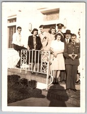 Vtg B W Snapshot Group Family Military Men In Uniform Women Fashion Porch 1940s