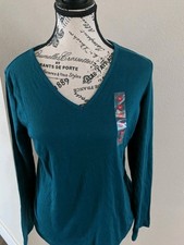 NEW Charter Club Intimates Women's M Green Blue Soft Knit Pajama Top V-Neck LS