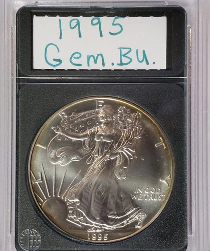 1995 SILVER EAGLE BRILLANT UNCIRCULATED GEM BEAUTY COIN LITE GOLDEN EDGE TONING