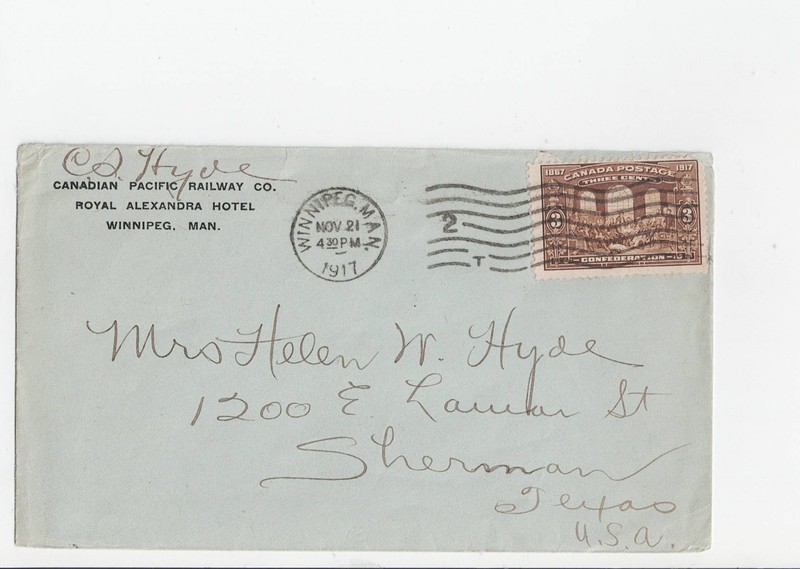 Winnipeg, Manitoba 1917 Cover to USA. Canadian Pacific Railway Co. corner card