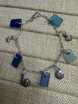 Designer Sterling Silver 925 Sea Life Bracelet w/Sea Glass 7.5  Soldered Links!
