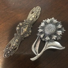 Vtg Pins Metzke Pewter Flower Brooch Engraved Brass Bar Pin Lot of 2 Silver Tn