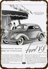 1937 Ford V-8 Car Vintage Look Decorative Metal Sign - Black Americana Black Val