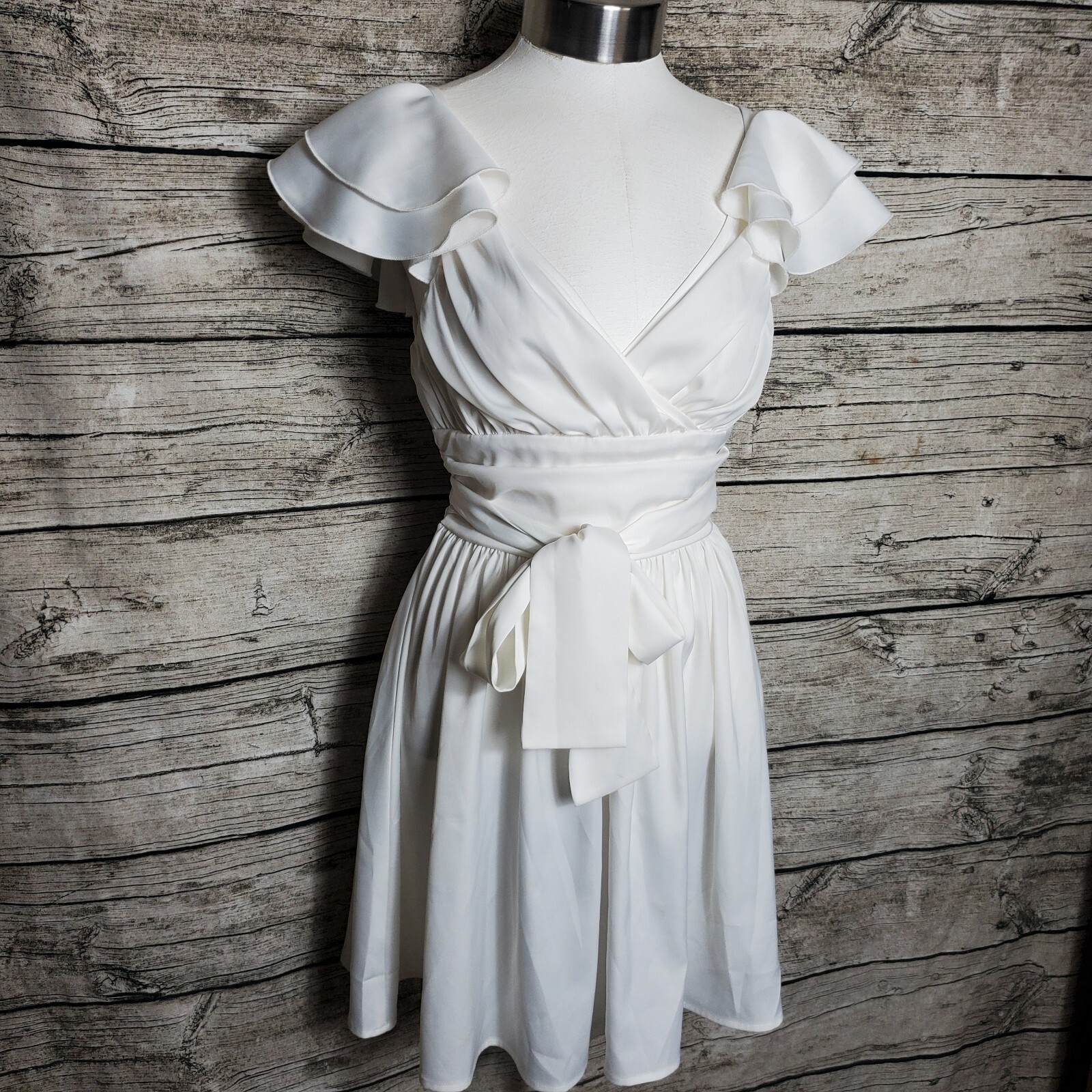 CIDER SOLID CROSS WRAP KNOTTED RUFFLE MINI DRESS … - image 4