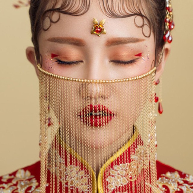 Gold Tone Traditional Chinese Headdress Face Mask with Red Beads Tassel