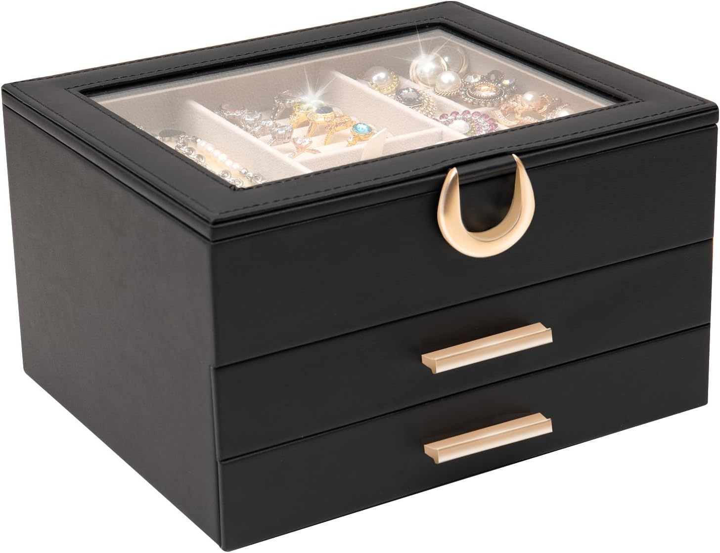 3-Layer Jewelry Box with 2 Drawers and Glass Lid for Organized Storage