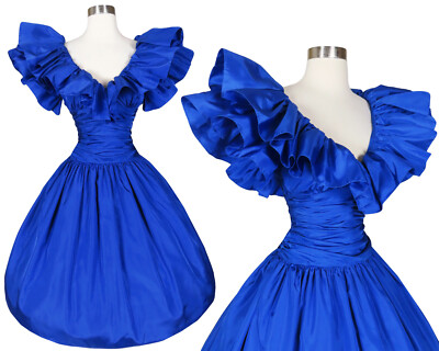 Vintage 80s Prom Party Dress XS Blue Taffeta Ruffle Sleeve Full Skirt Royal 