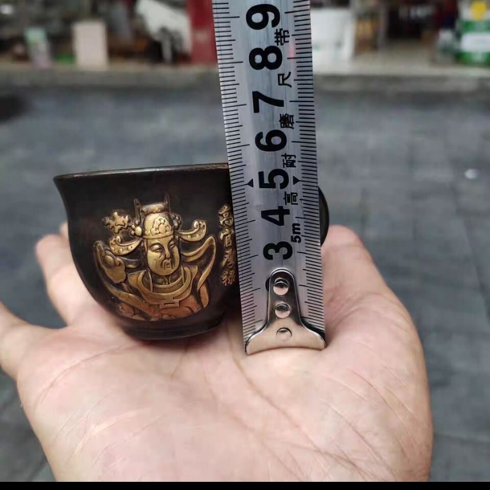 古銅工芸品福禄壽喜茶碗小湯呑み置物 Chinese Ancient Copper Artifacts 福禄寿喜 Tea Cup with Handle A