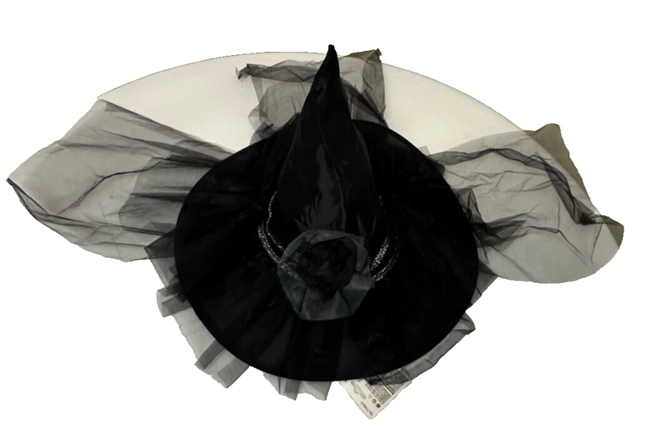 NUEVO CON ETIQUETAS - NUEVO Sombrero Brujas Magos de Lujo para Brujas / Cinta de Acento Plateado / Velo Foto 3 de 3