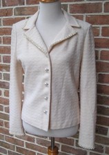 St John Couture Cream Knit Jacket Pearl Buttons Embellished Collar Cuffs Size 8