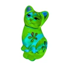 RARE! Fenton Art Glass Uranium/Vaseline Green Sitting Cat Hand Painted Figurine