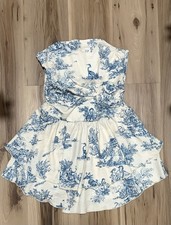 Women’s Cider Blue White Toile Strapless Mini Dress Smocked Back Ruffle Medium