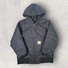 Carhartt Jacket Youth Small Black Hooded Faded Workwear Canvas YYJ130 BLK