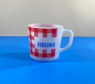 Vtg. Westfield Federal Milk Glass Red Gingham Plaid Personalized "Virginia" Mug