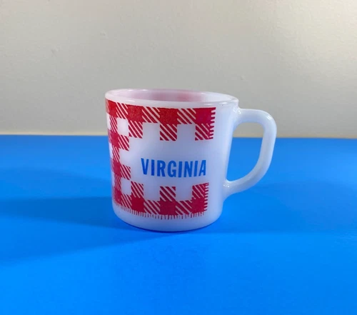 Vtg. Westfield Federal Milk Glass Red Gingham Plaid Personalized "Virginia" Mug