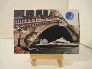 boat under a bridge Original Collage 4 x 6 inch art Outsider Surreal