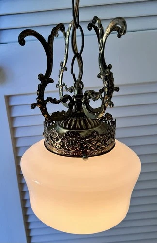 Hollywood Regency Brass Milk Glass Swag Lamp Gold Floral Globe Vintage 1960s