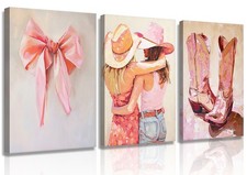 3Pcs Pink Cowgirl Canvas Wall art Western Boots Coquette Bow Girls Painting P...