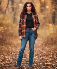 Old Navy The Boyfriend Shirt Orange Black Plaid Flannel Taylor Swift Evermore