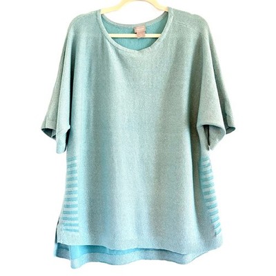 Chicos Linen Blend Sweater Blue Metallic Short Sleeve Large