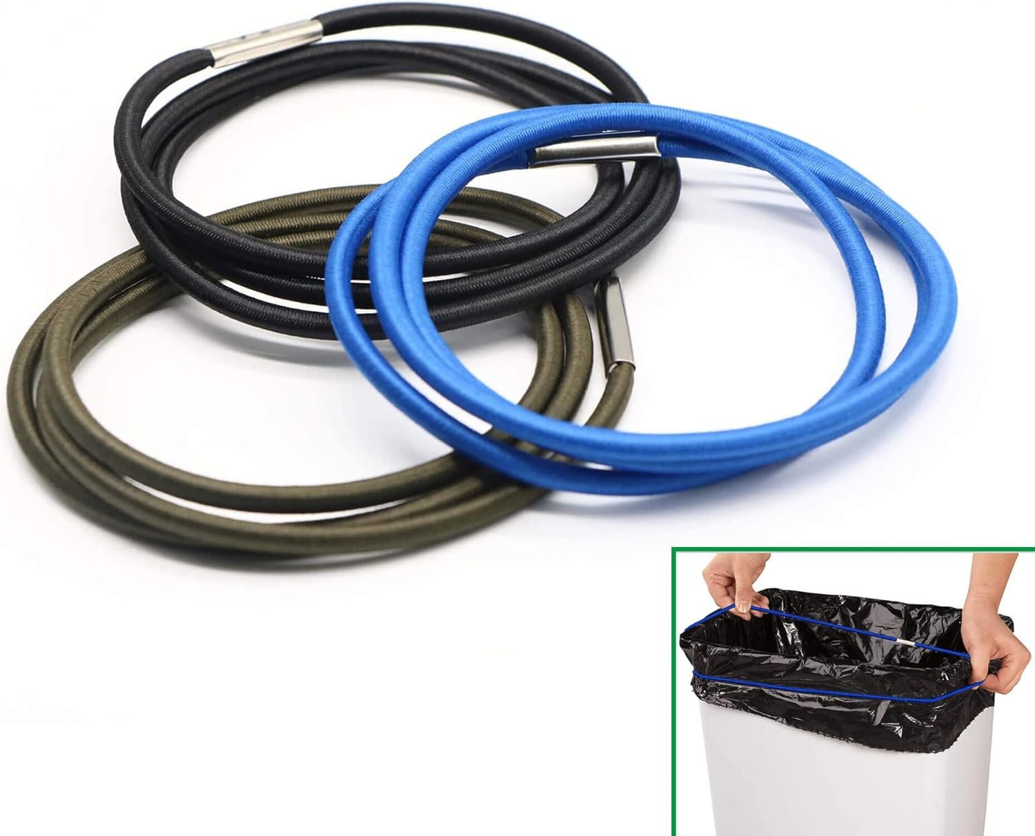 Trash Can Rubber Bands Set of 3, Black, Blue, Olive Green, Fits 13 to Multi-image