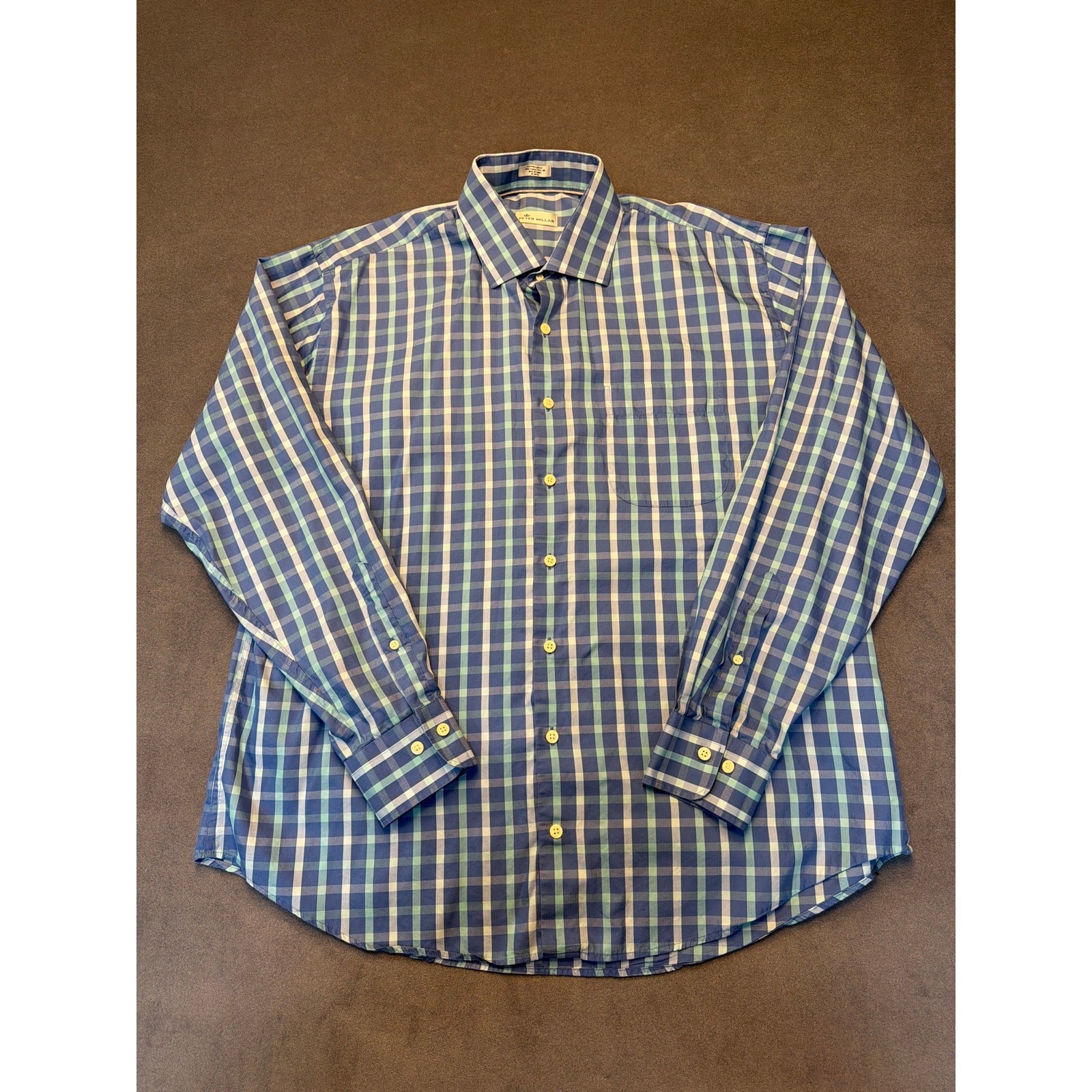 Peter Millar Plaid Button Up Shirt Mens Sz XL Blue Long Sleeve Cotton Silk Blend