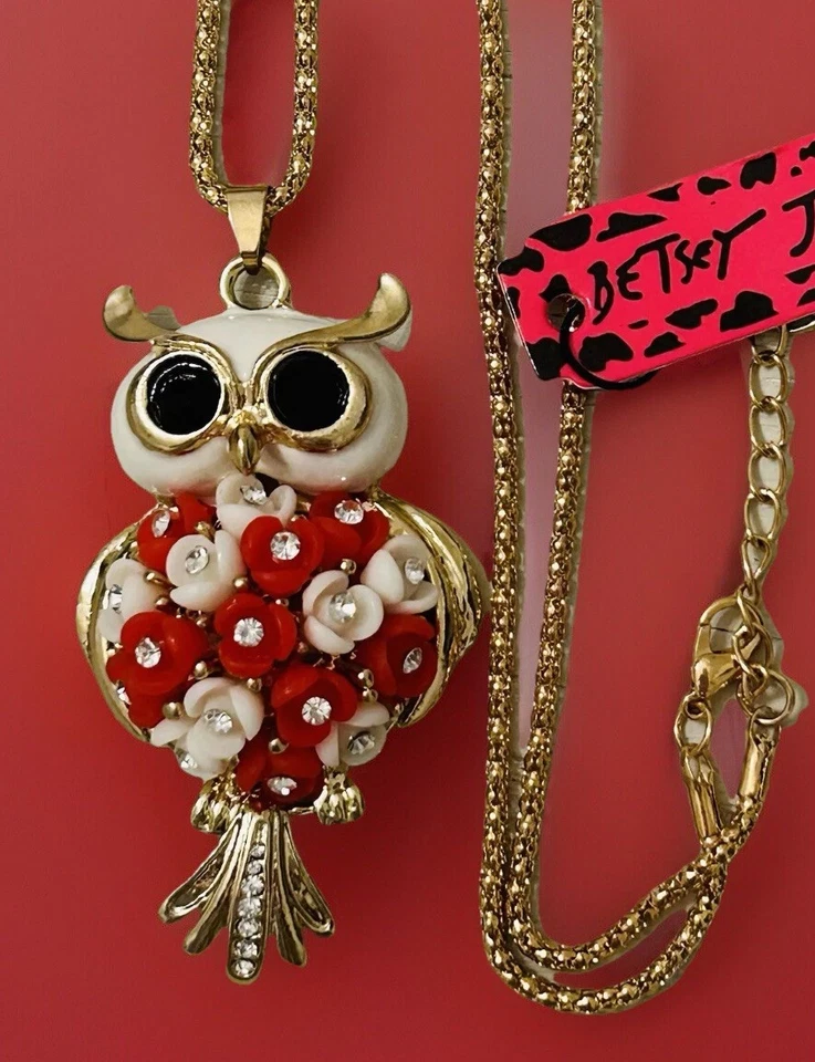 Collar Cadena Colgante Búho Estrás Flor Resina Roja Betsey Johnson Nuevo con Etiquetas Foto 2 de 4
