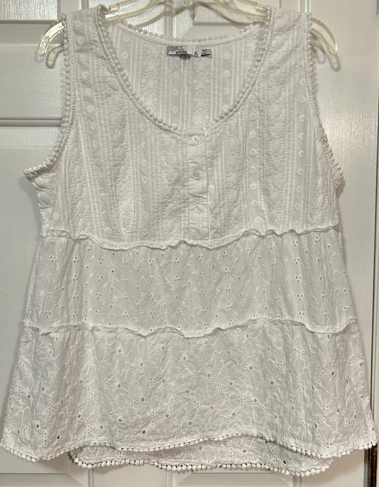 Prana White Eyelet Womens XL Sleeveless Tank Top Tiered Blouse Delicate Romantic - Image 2 of 4