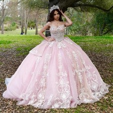 Pink princess Quinceanera Dresses Luxury Lace Applique Beaded Ball Gown Sweet 16