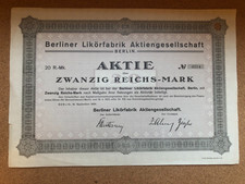 Historyczne akcje 1924 Berliner Likierfabrik - 20 marek Rzeszy - Inflacja Rzadkość