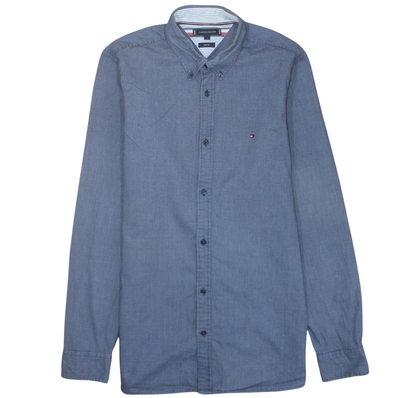 Tommy Hilfiger Mens Shirt Blue Check Button Down Embroidered Flag Logo Cotton L