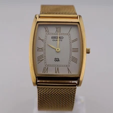 Vintage Seiko Barrel-Tank Quartz White Dial Men's Wrist Watch with Mesh Band