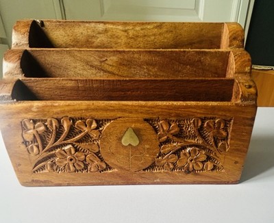 Vintage handgeschnitzt Holz Brief Halter | Blumen Relief Schreibtisch Organizer 6'' x 4''