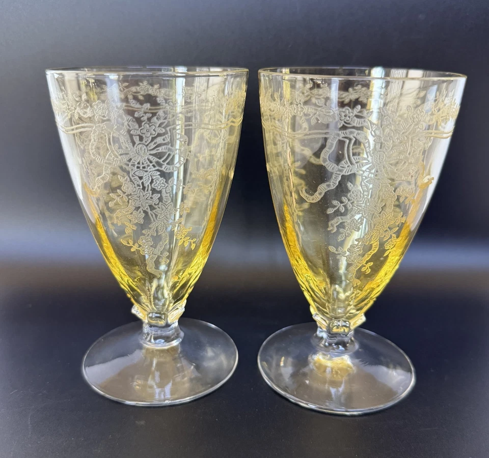 A Pair  of Fostoria June Topaz Yellow Juice / Iced tea glasses 5 oz Footed - Image 3 of 4